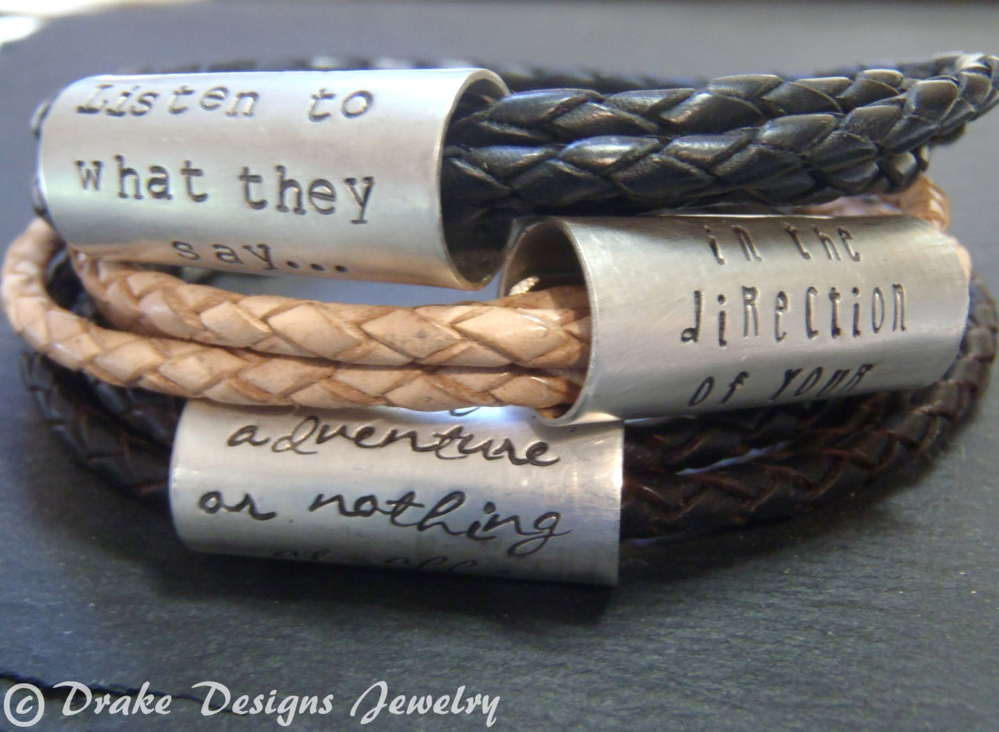 Men's or Women's personalized leather bracelet with your personalized meaningful message - Drake Designs Jewelry
