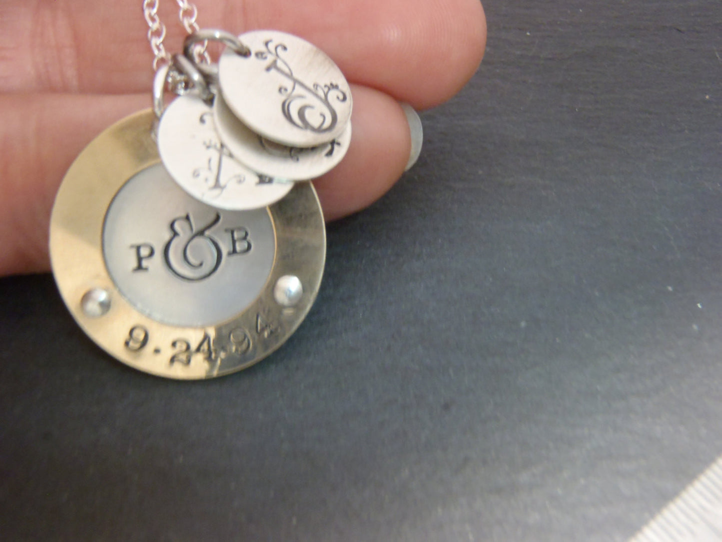 Mixed metal Children's initial necklace for moms with couples initials and anniversary date - Drake Designs Jewelry