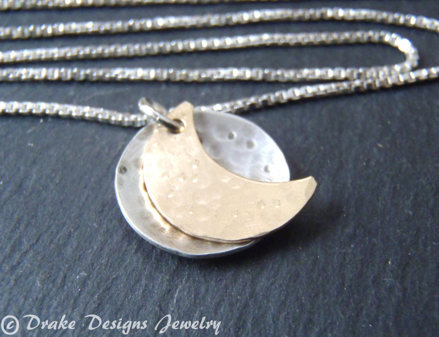 silver and gold fill moon necklace. full and crescent moon phase necklace - Drake Designs Jewelry