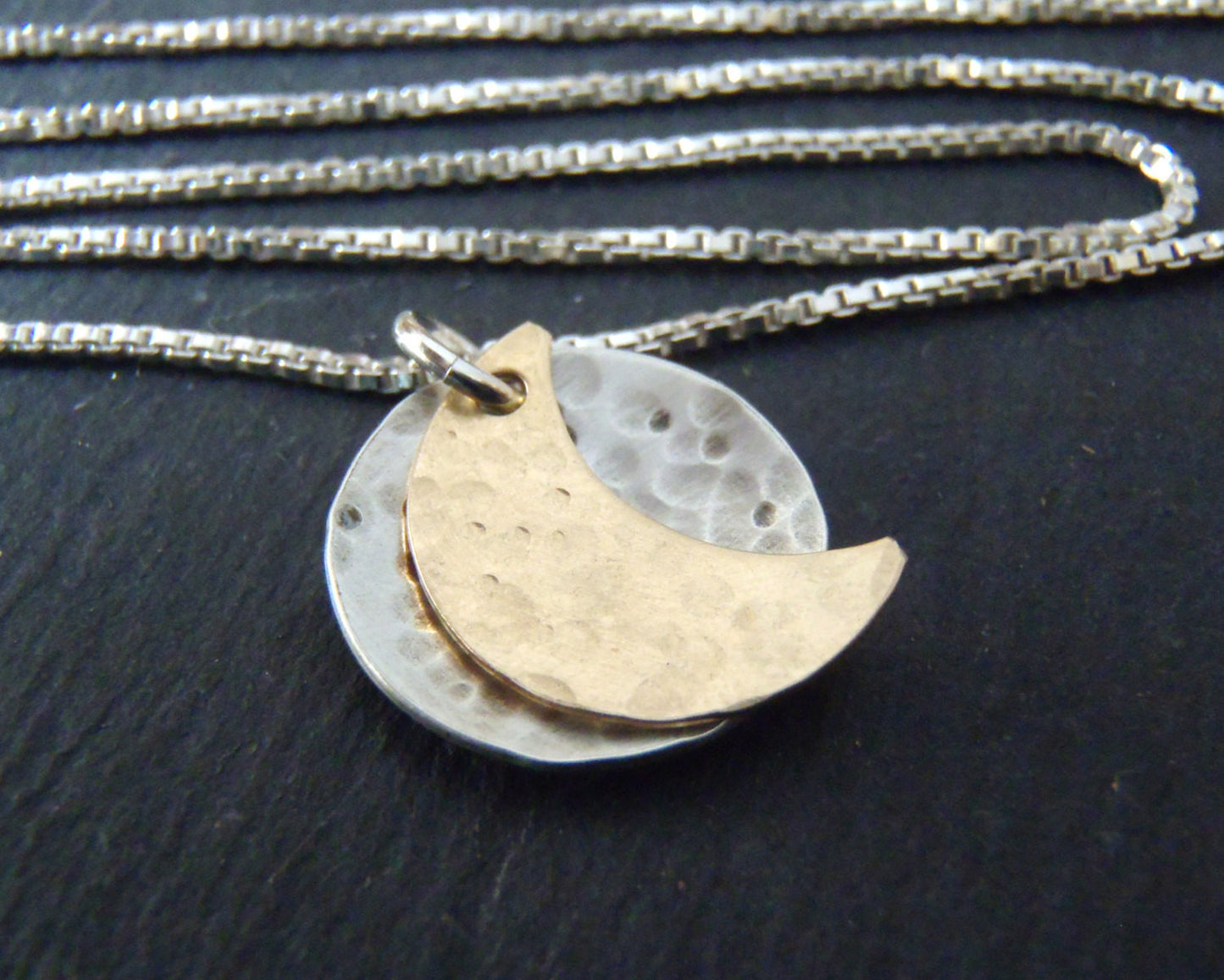 silver and gold fill moon necklace. full and crescent moon phase necklace - Drake Designs Jewelry