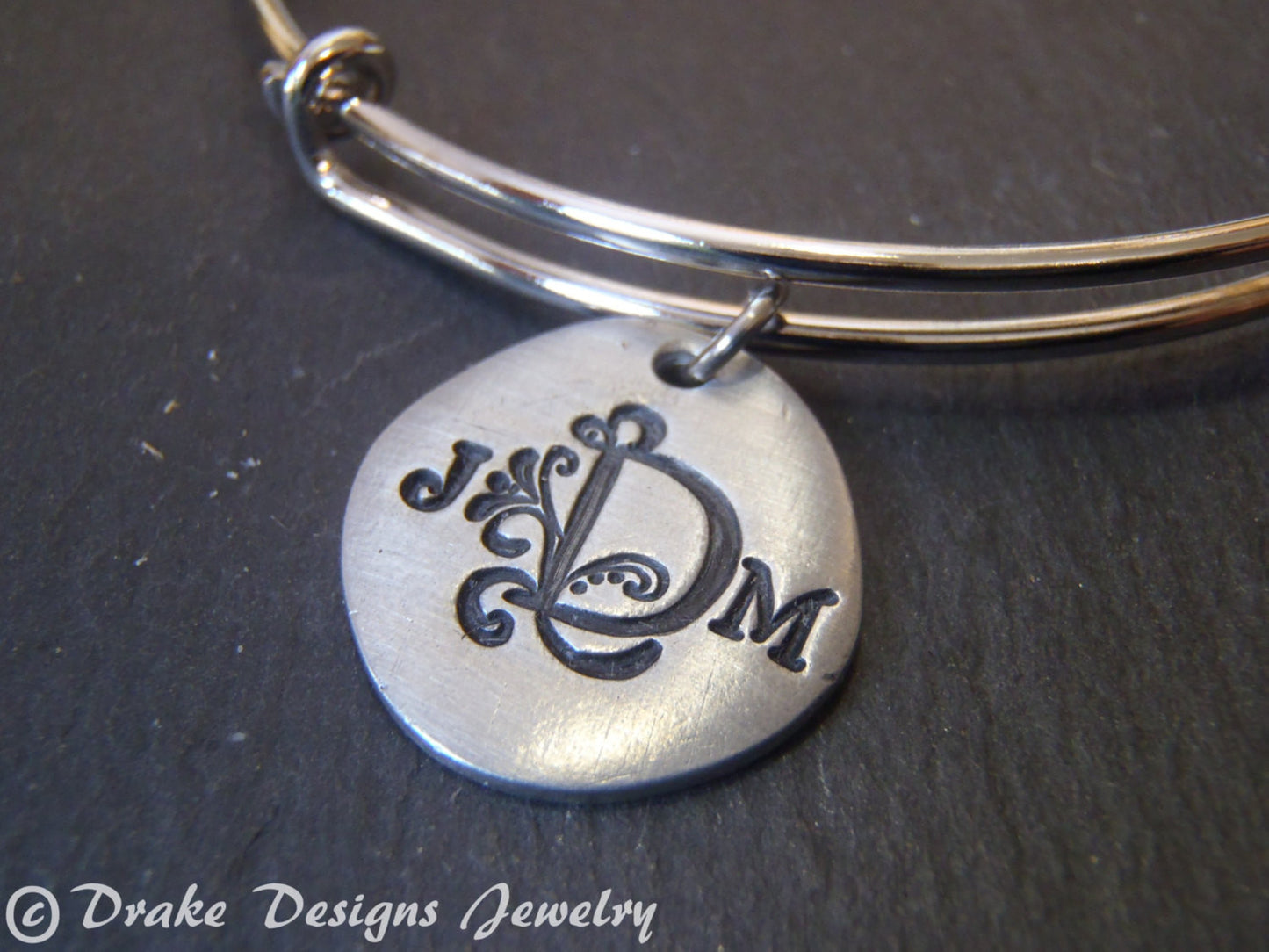 Monogram adjustable bangle bracelet personalized with initials on organically shaped charms - Drake Designs Jewelry