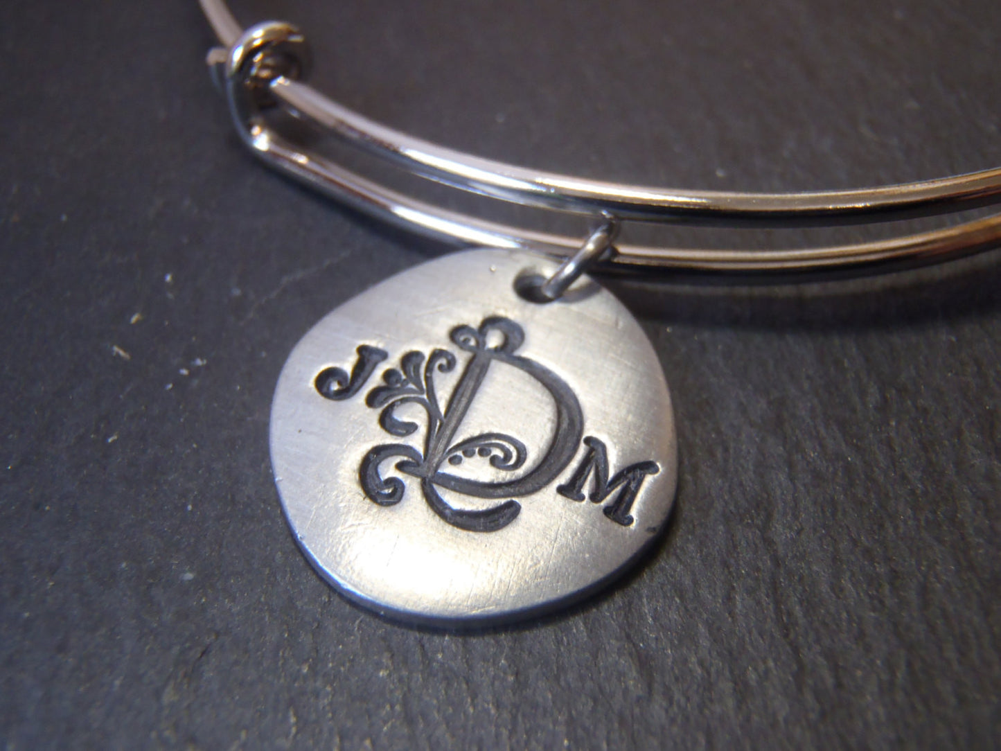 Monogram adjustable bangle bracelet personalized with initials on organically shaped charms - Drake Designs Jewelry