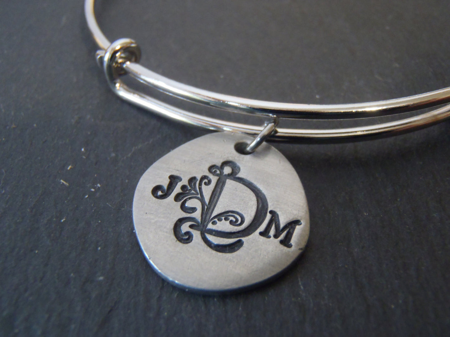 Monogram adjustable bangle bracelet personalized with initials on organically shaped charms - Drake Designs Jewelry