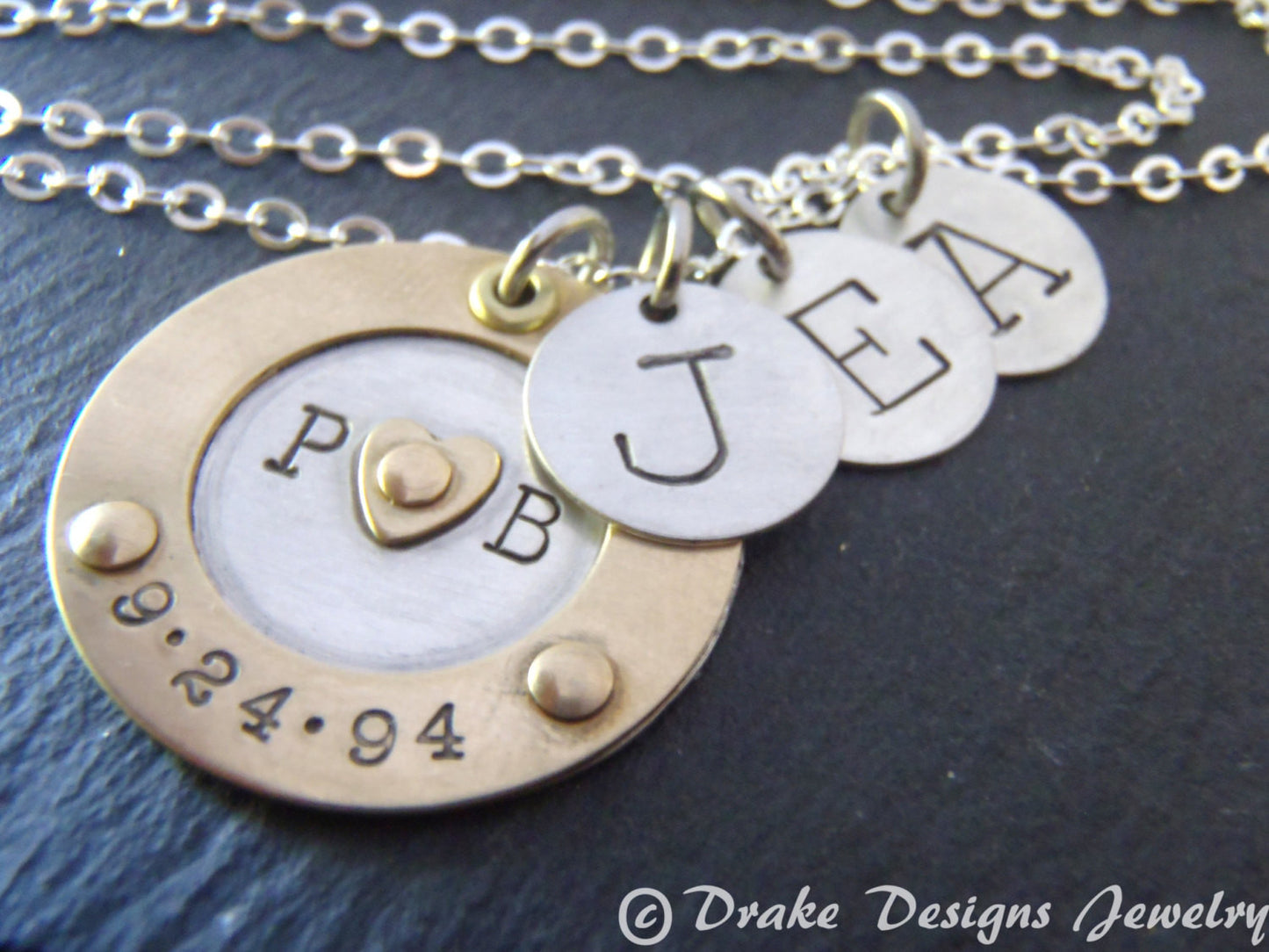 Family initial necklace for mom with kids' initial charms and anniversary date - Drake Designs Jewelry