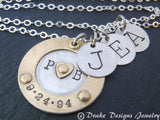 Family initial necklace for mom with kids' initial charms and anniversary date - Drake Designs Jewelry