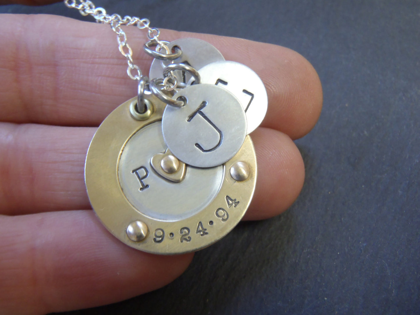 Family initial necklace for mom with kids' initial charms and anniversary date - Drake Designs Jewelry