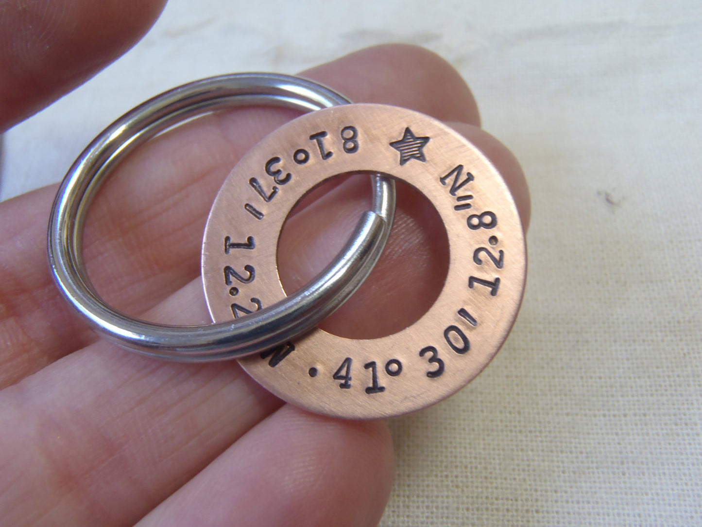 GPS coordinate keychain personalized with latitude and longitude - Drake Designs Jewelry