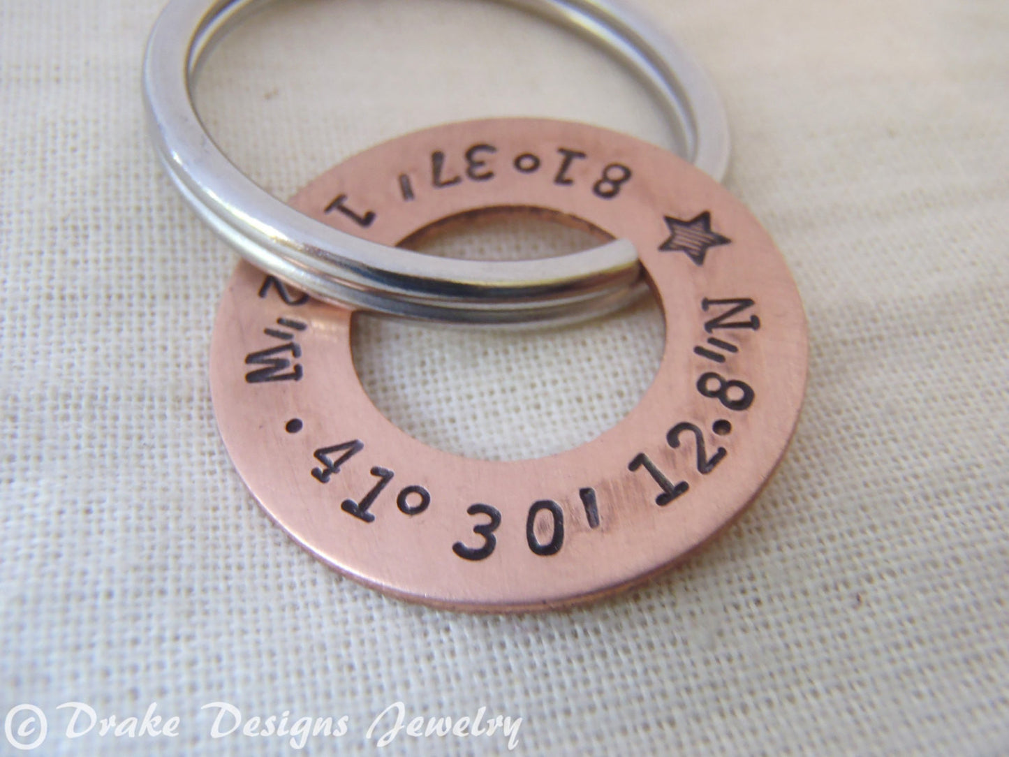GPS coordinate keychain personalized with latitude and longitude - Drake Designs Jewelry