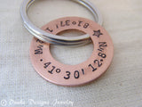 GPS coordinate keychain personalized with latitude and longitude - Drake Designs Jewelry