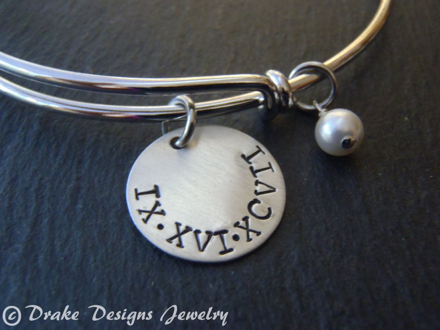 Roman Numeral bracelet with personalized hand stamped date or name and a pearl charm - Drake Designs Jewelry