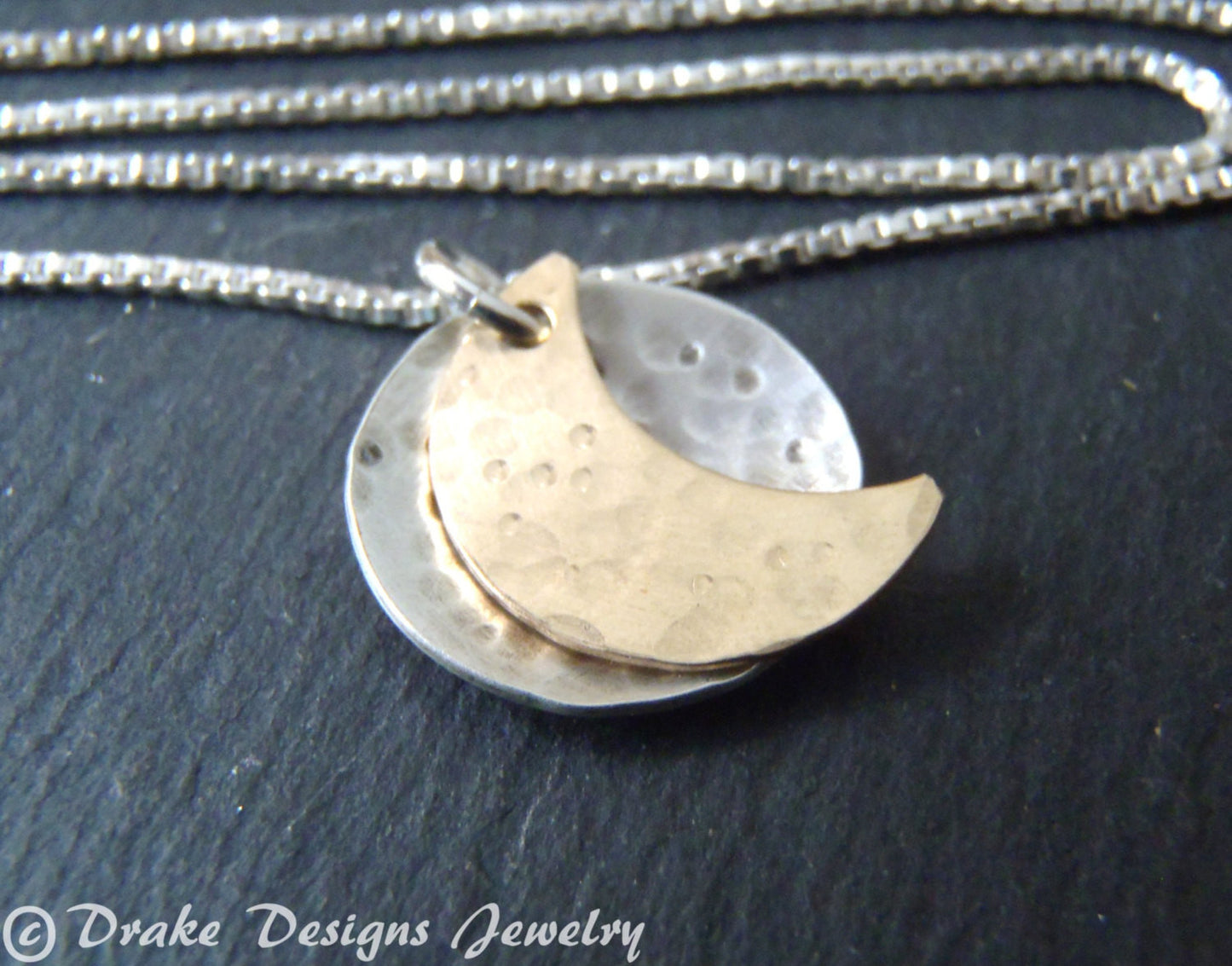 silver and gold fill moon necklace. full and crescent moon phase necklace - Drake Designs Jewelry
