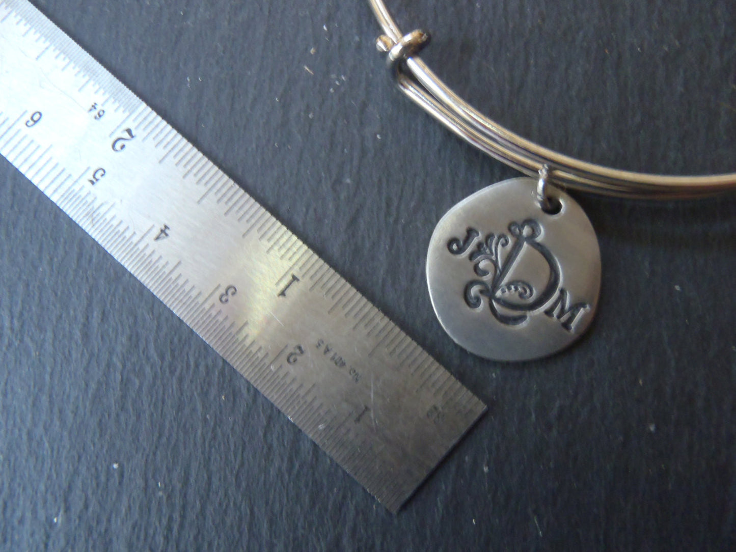 Monogram adjustable bangle bracelet personalized with initials on organically shaped charms - Drake Designs Jewelry