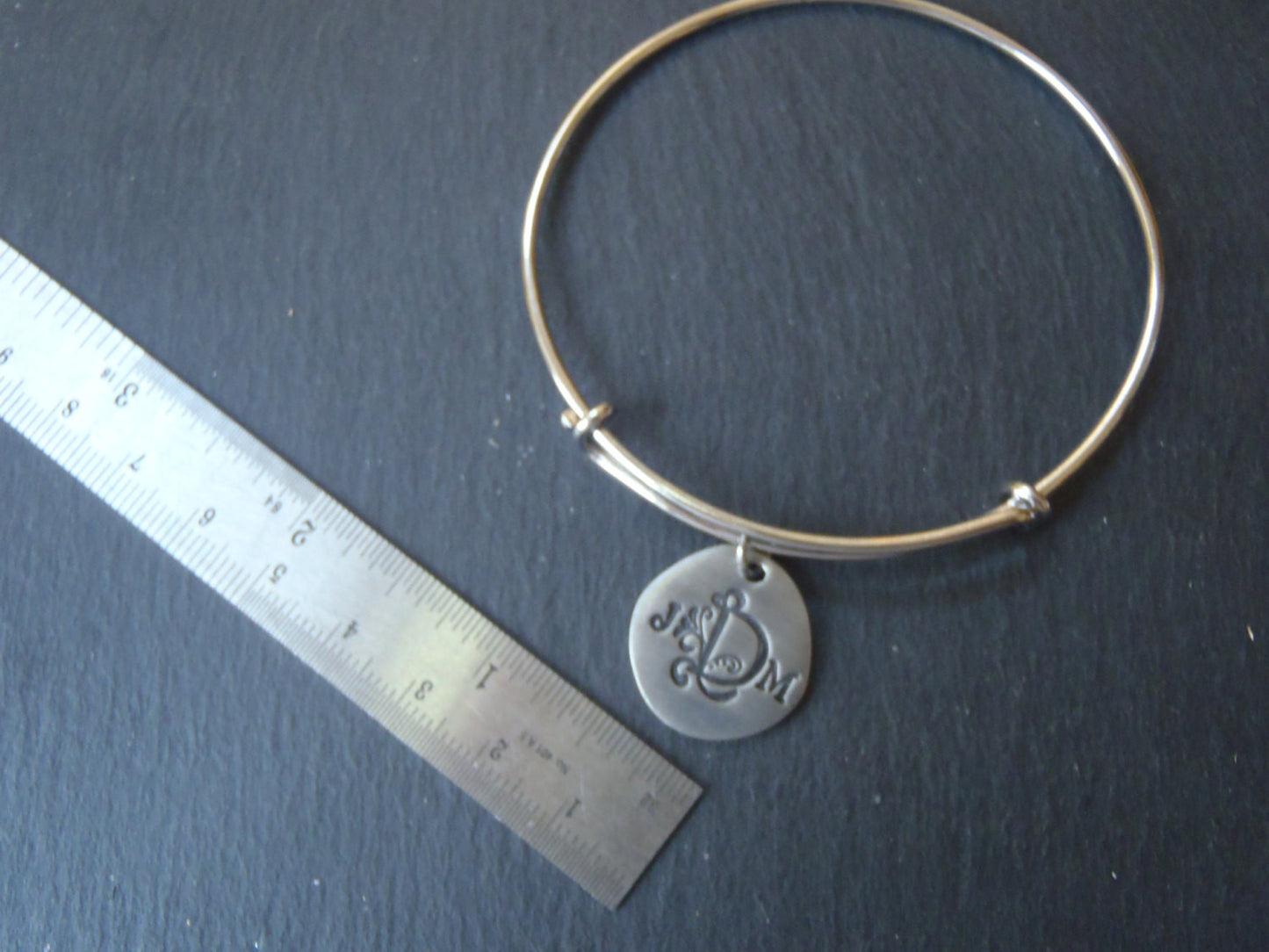 Monogram adjustable bangle bracelet personalized with initials on organically shaped charms - Drake Designs Jewelry