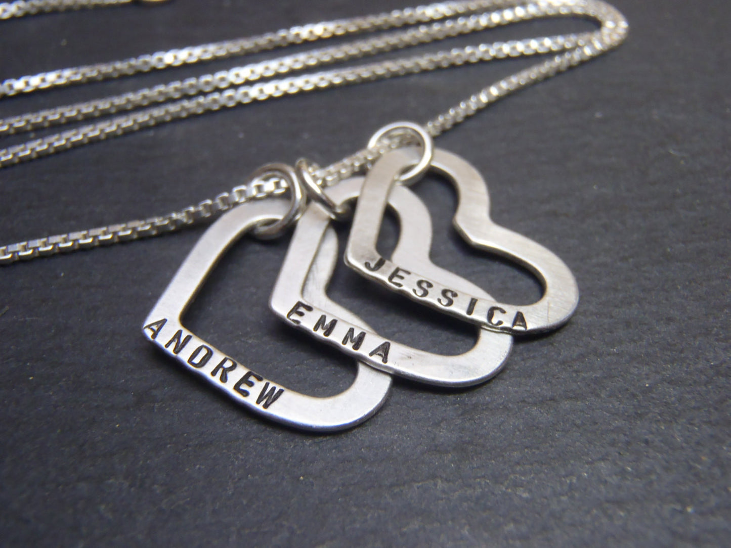 sterling silver mothers heart necklace personalized with custom names necklace heart charms with childrens names - Drake Designs Jewelry