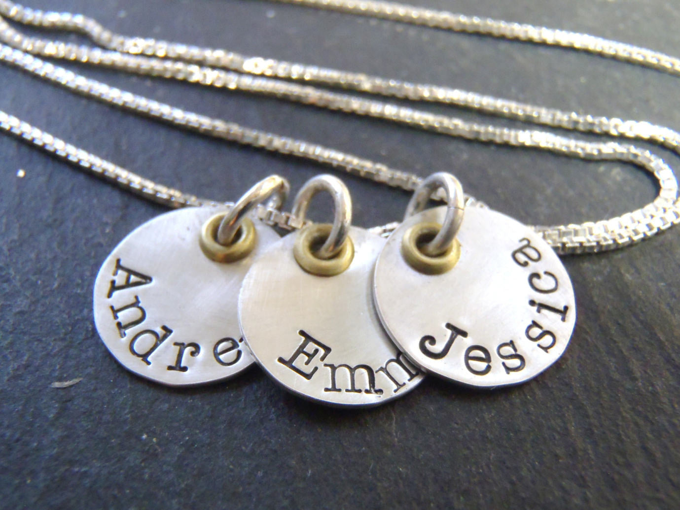 Mixed metal mom necklace with kids names in sterling silver and golden brass - Drake Designs Jewelry