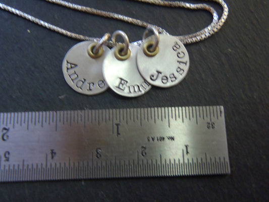 Mixed metal mom necklace with kids names in sterling silver and golden brass - Drake Designs Jewelry