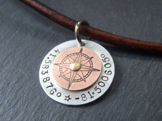 coordinates gifts for men or women. personalized leather necklace mens coordinates sterling silver - Drake Designs Jewelry