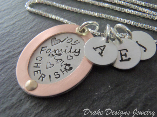 Family Initial Word Collage Necklace - Personalized Gold Rim Oval Pendant - family love cherish joy - drake designs jewelry