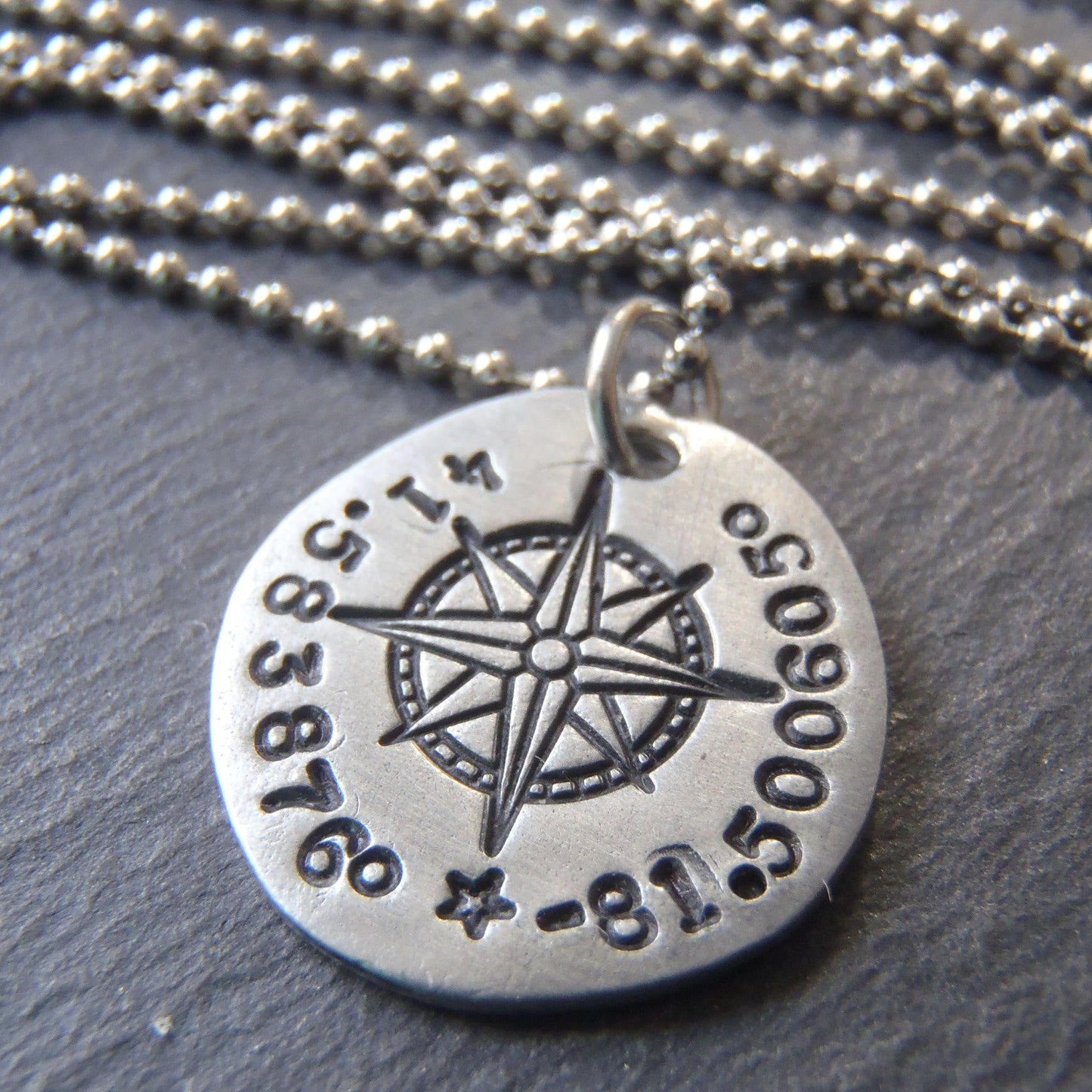 Personalized compass necklace with latitude longitude coordinates - Drake Designs Jewelry