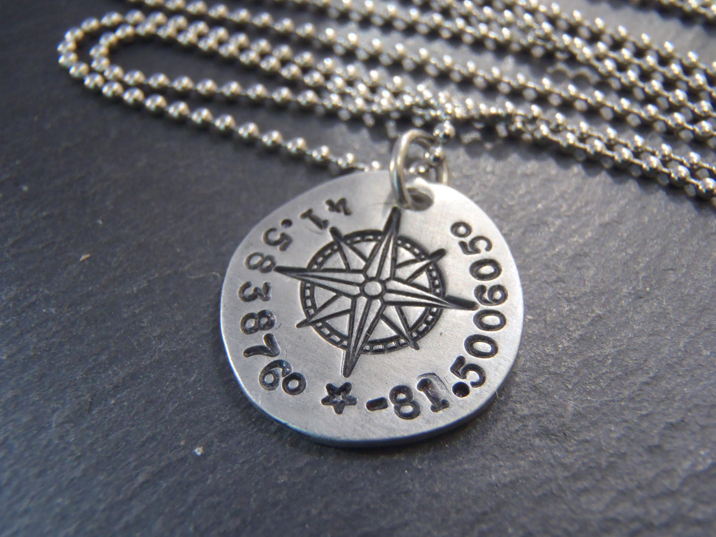 Personalized compass necklace with latitude longitude coordinates - Drake Designs Jewelry