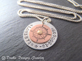 mixed metal custom coordinates compass necklace for women - sterling silver latitude longitude necklace - Drake Designs Jewelry