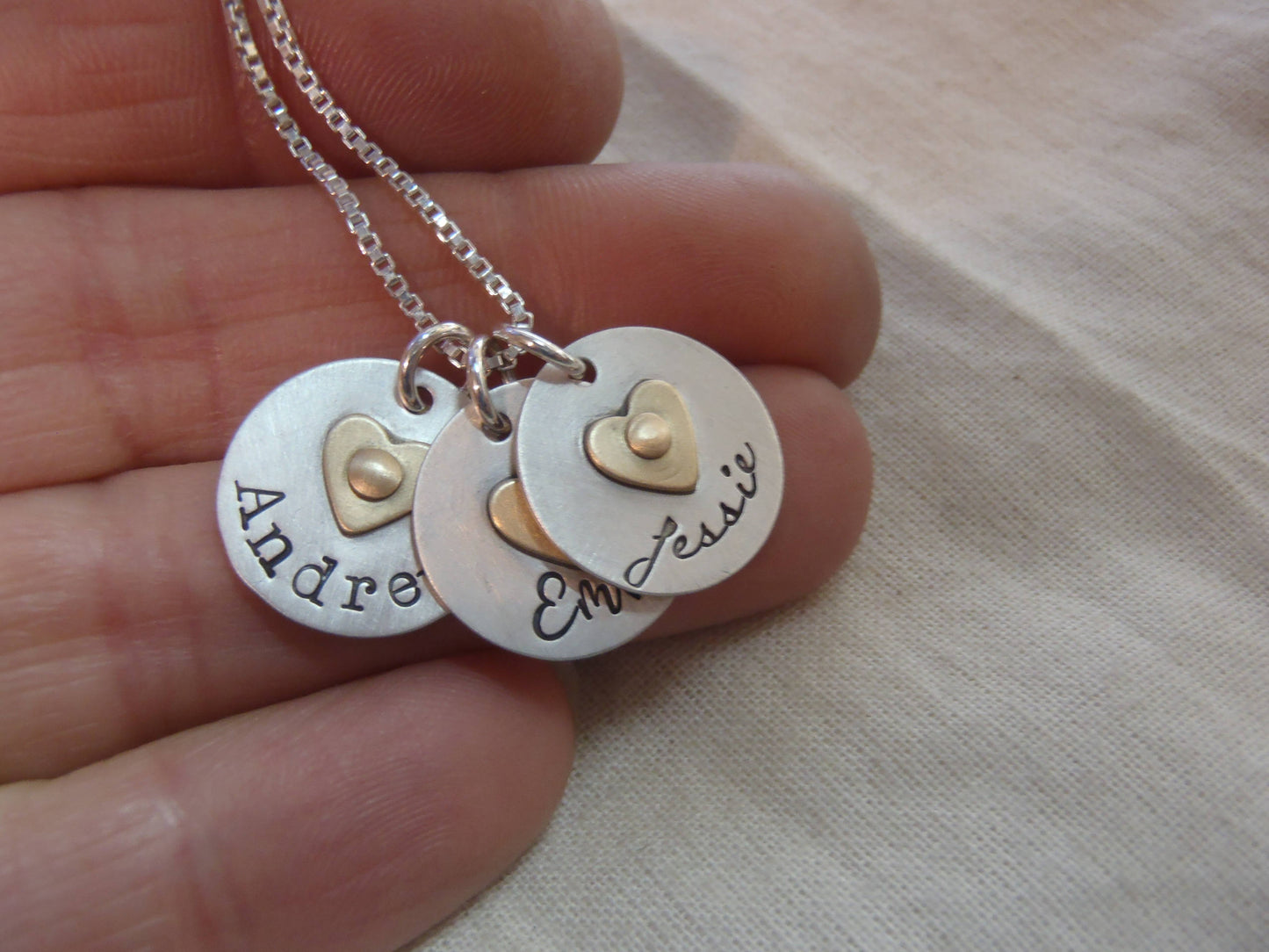 Sterling silver mom necklace with kids names and golden brass heart - Drake Designs Jewelry