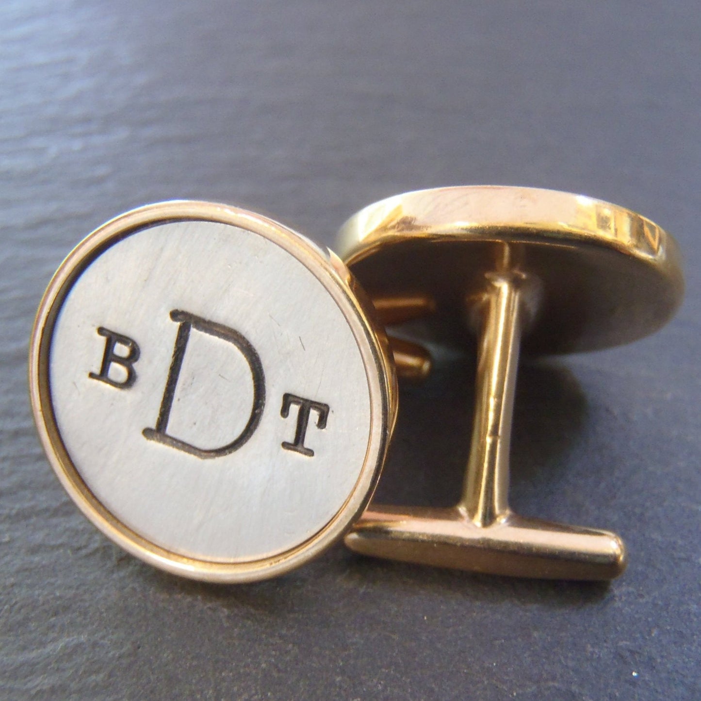 Mens Personalized cuff links golden bronze and sterling silver - rimmed Monogram cufflinks. Anniversary gift - Drake Designs Jewelry