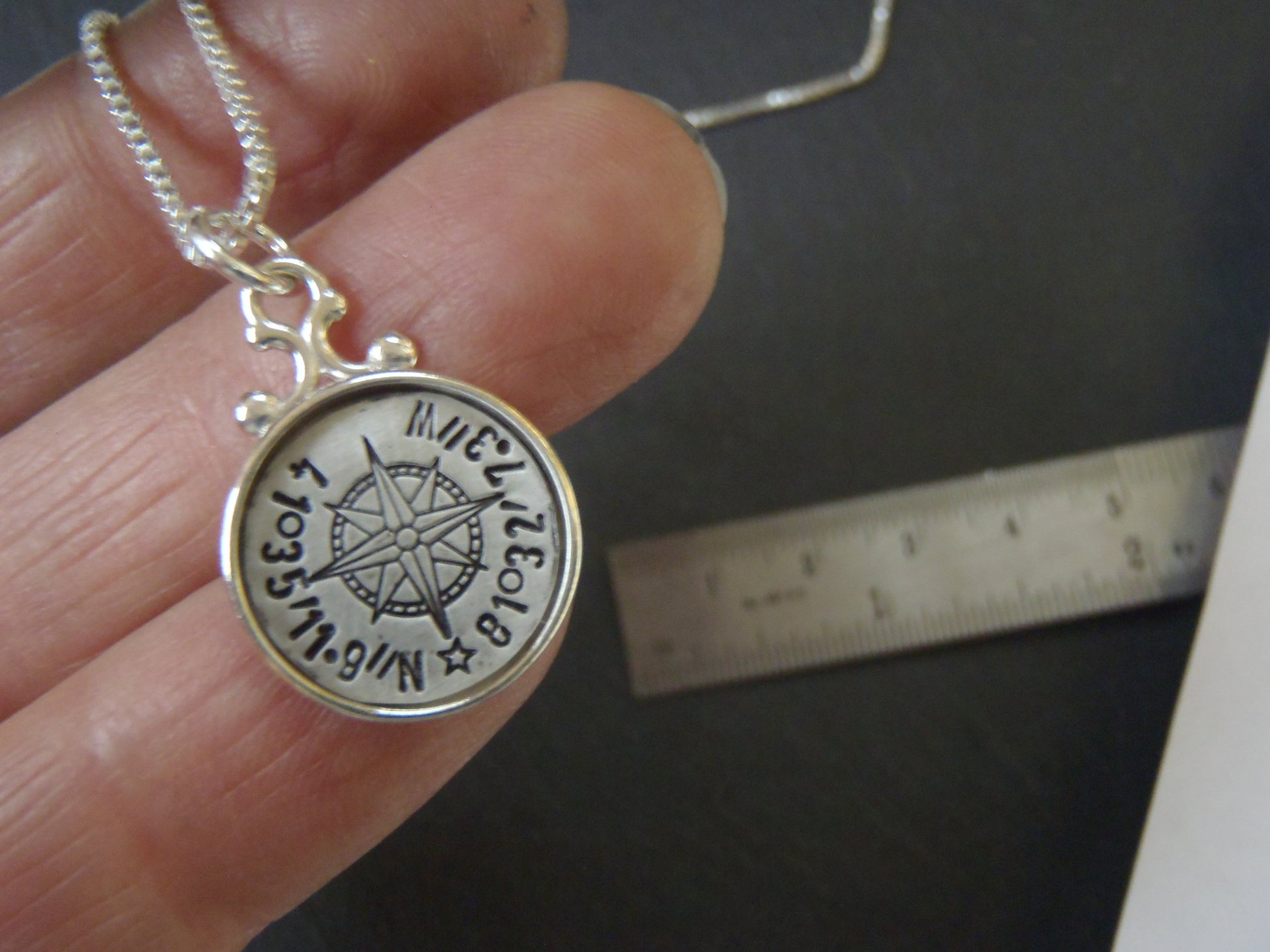 Rimmed Sterling Silver Custom coordinates compass necklace - Drake Designs Jewelry