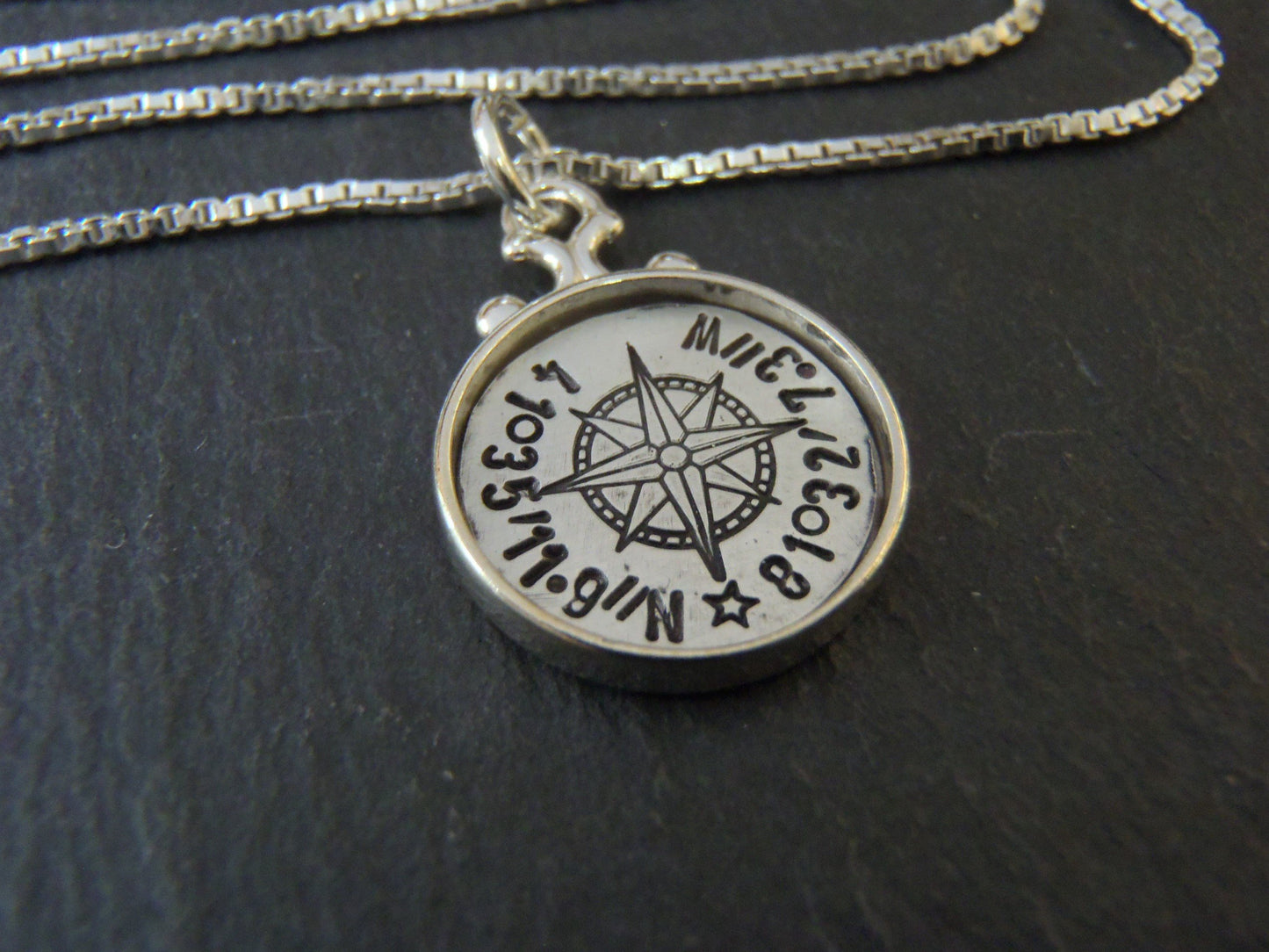 Rimmed Sterling Silver Custom coordinates compass necklace - Drake Designs Jewelry