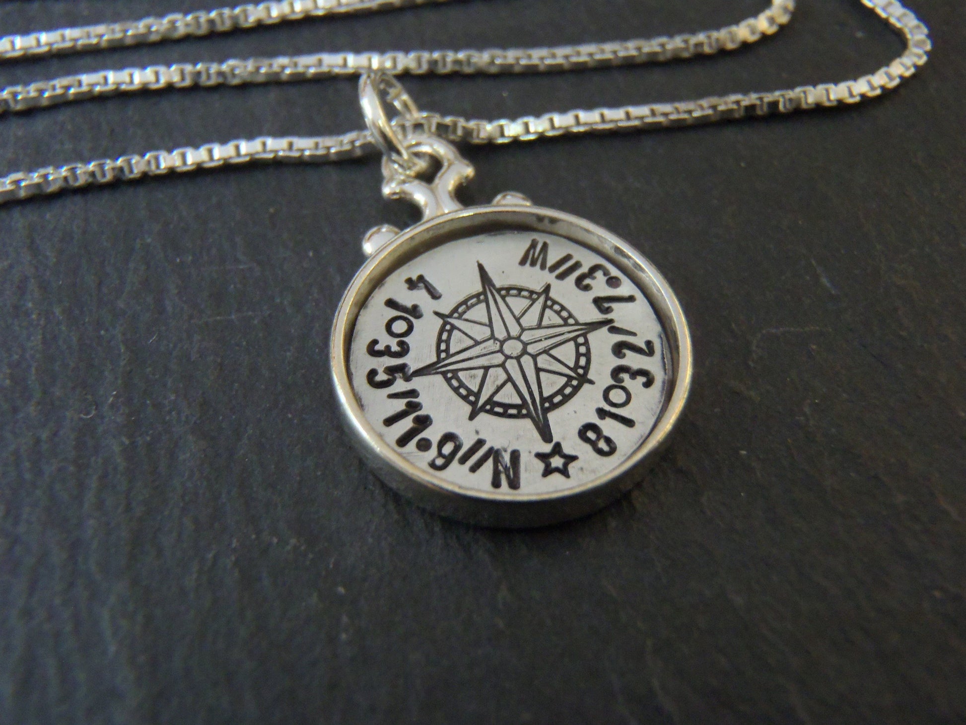 Rimmed Sterling Silver Custom coordinates compass necklace - Drake Designs Jewelry