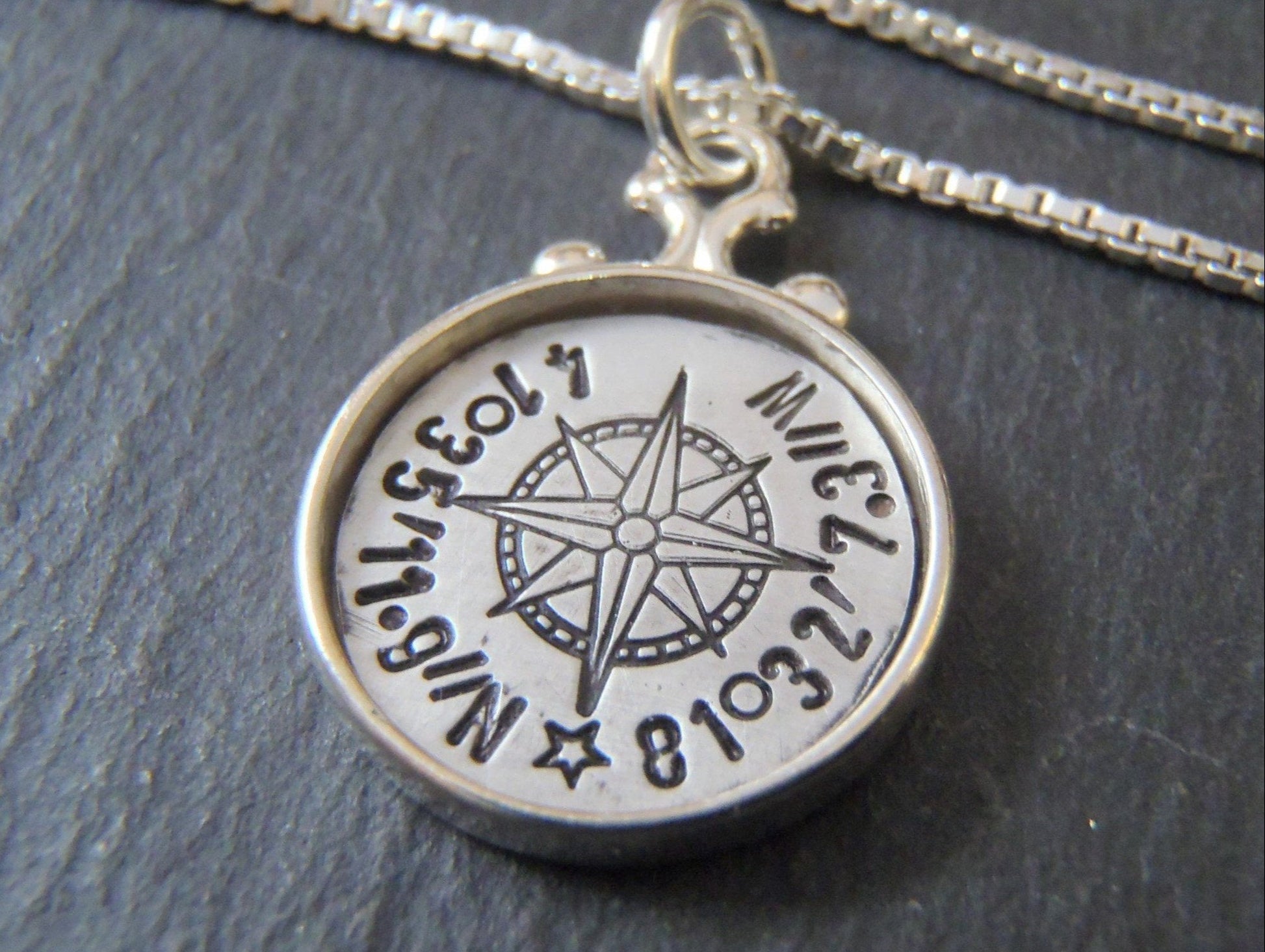 Rimmed Sterling Silver Custom coordinates compass necklace - Drake Designs Jewelry
