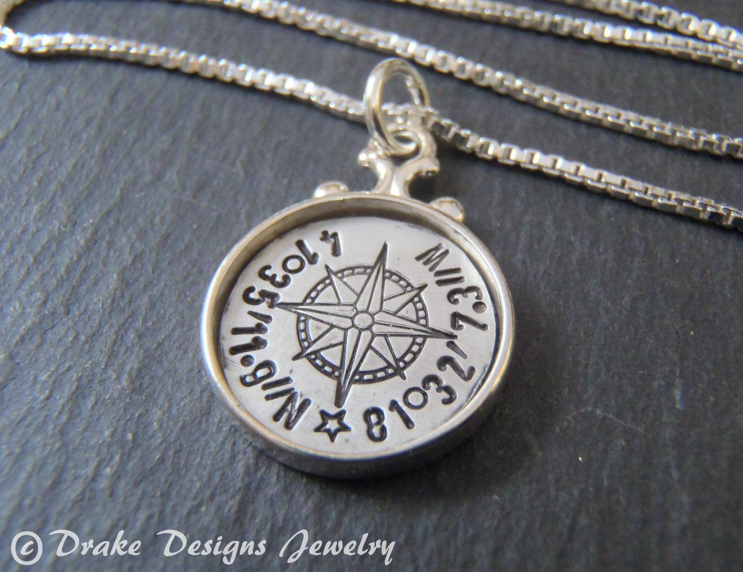 Rimmed Sterling Silver Custom coordinates compass necklace - Drake Designs Jewelry
