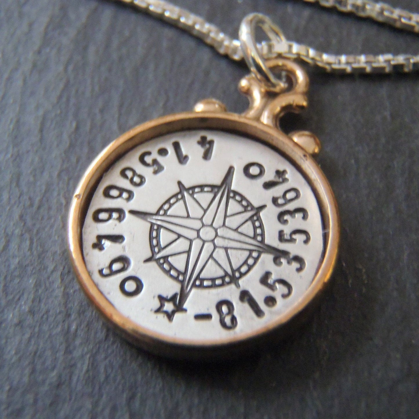 Golden bronze and sterling silver latitude longitude coordinates necklace bronze and sterling silver with raised edge - Drake Designs Jewelry