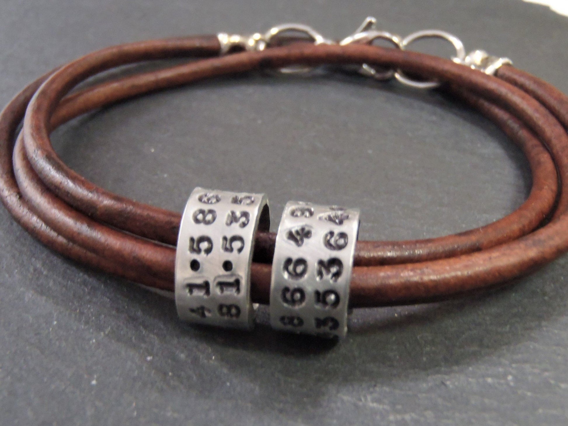 GPS Coordinate bracelet for men or women. hand stamped personalized mens jewelry.  Custom leather anniversary gift for husband - Drake Designs Jewelry