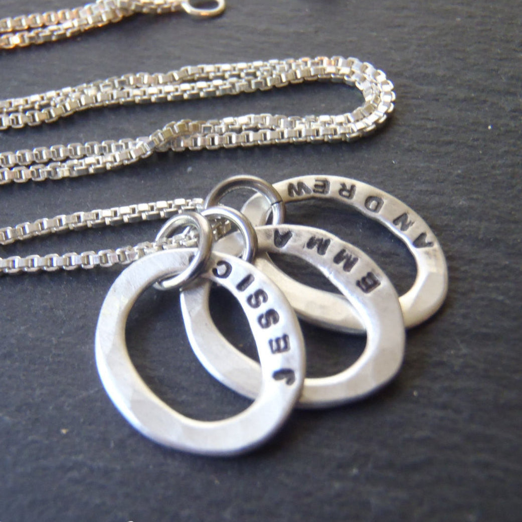 Sterling silver mom necklace with Kids'names custom hand stamped mother's jewelry - Drake Designs Jewelry