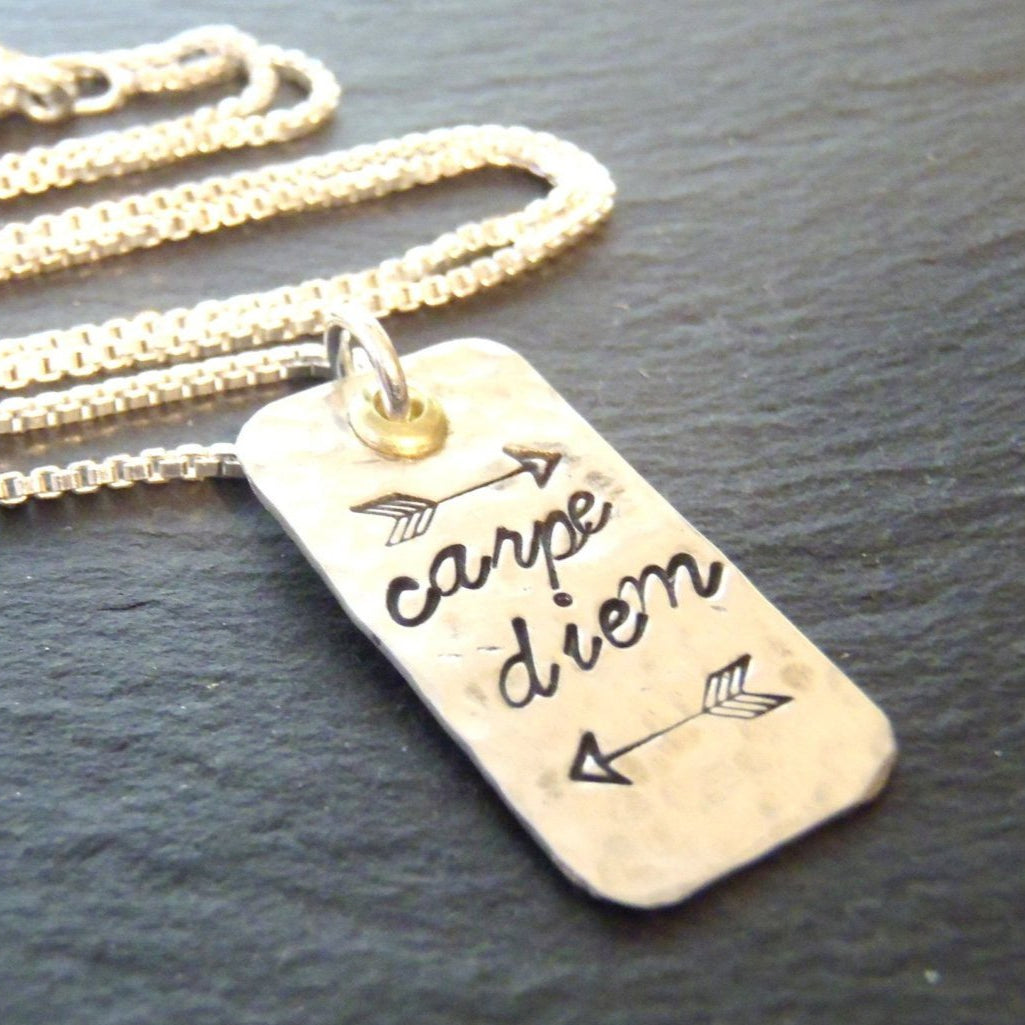 Sterling silver carpe diem necklace -seize the day -latin phrase jewelry - Drake Designs Jewelry