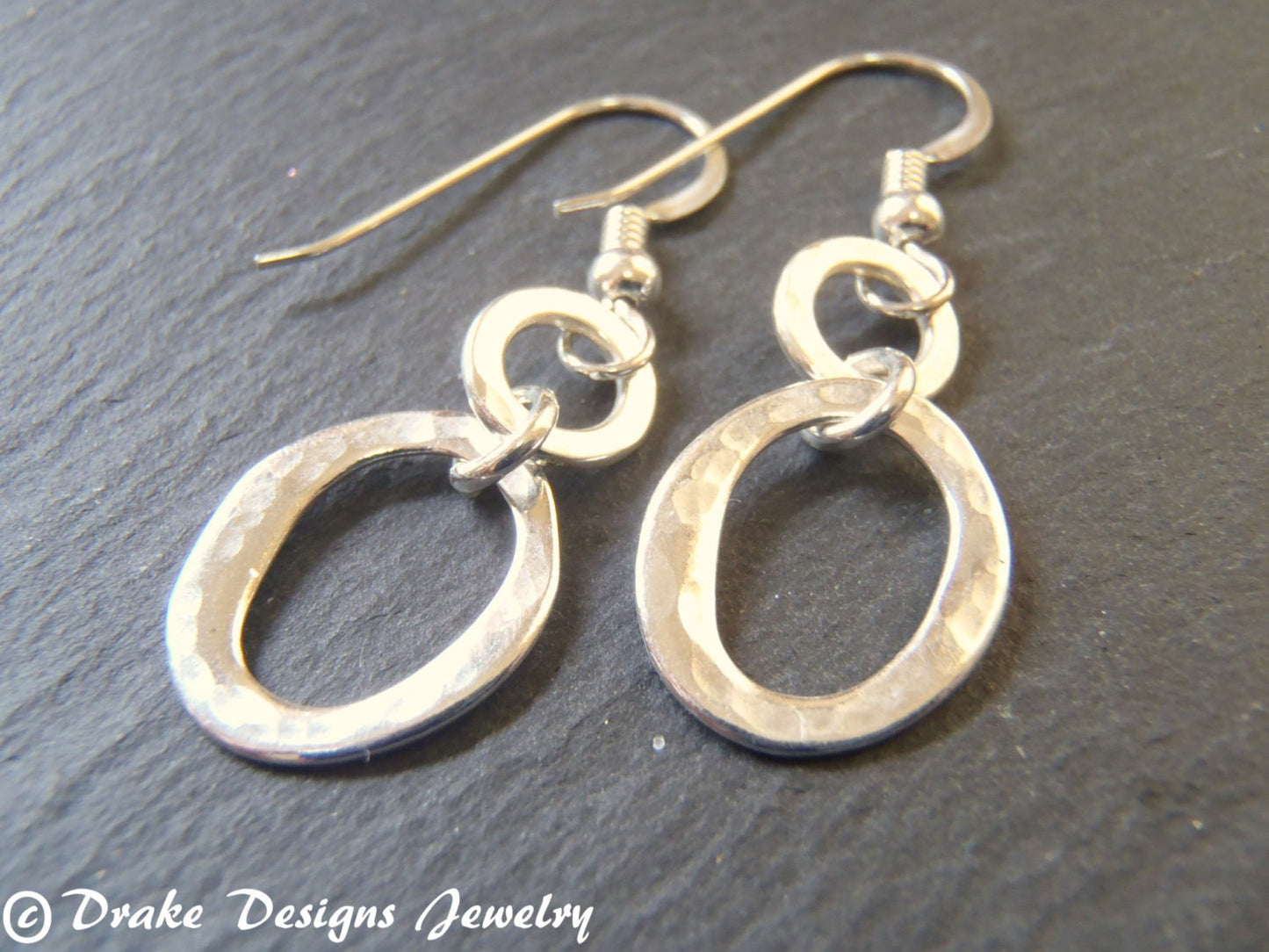 Sterling silver Small hammered hoop earrings dangle drop - Drake Designs Jewelry