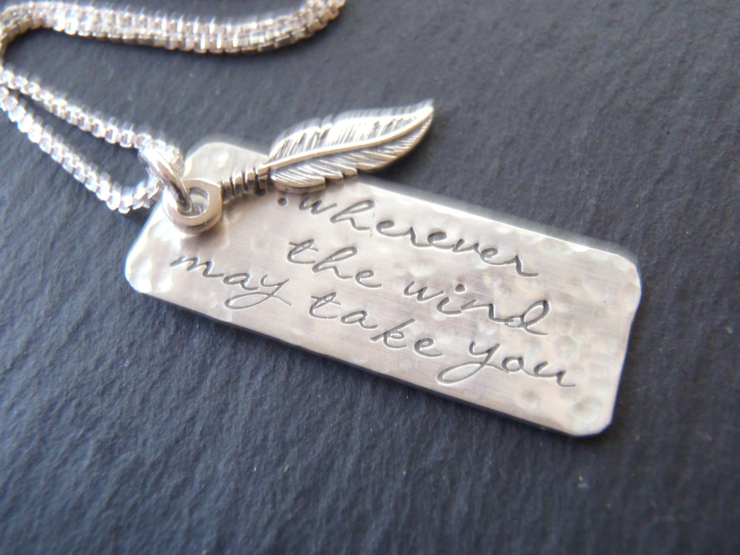 sterling silver inspirational feather necklace - wherever the wind takes you - Drake Designs Jewelry