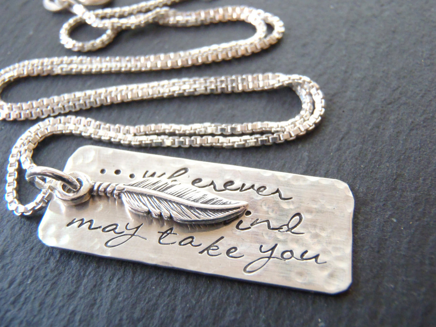 sterling silver inspirational feather necklace - wherever the wind takes you - Drake Designs Jewelry