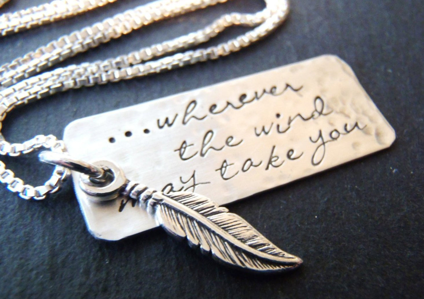 sterling silver inspirational feather necklace wherever the wind takes you - Drake Designs Jewelry