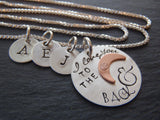 Family love- I love to the moon and back - Personalized sterling silver rustic mother's necklace with kid's initials - Drake Designs Jewelry