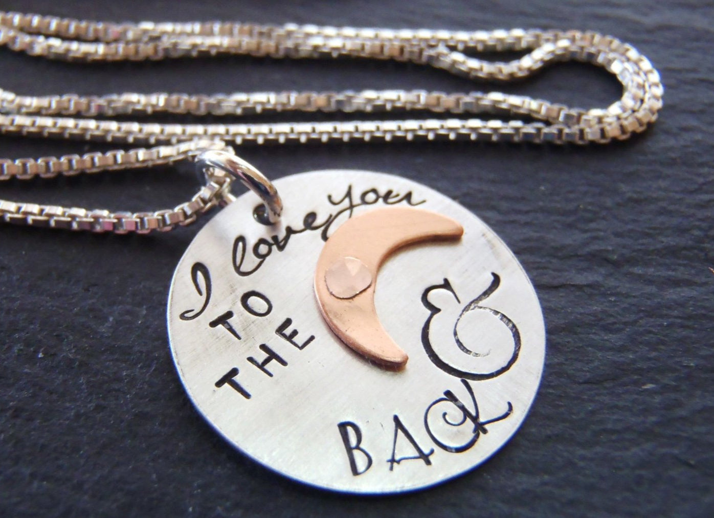 Sterling Silver I love you to the moon and back necklace with copper moon- Drake Designs Jewelry
