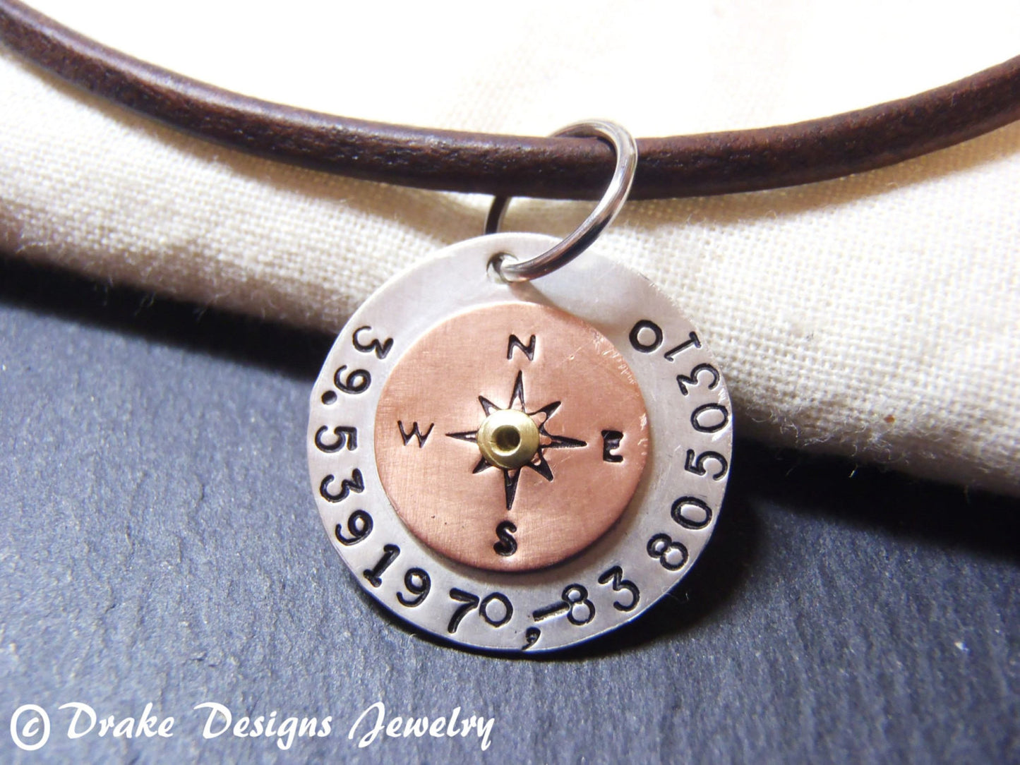 Personalized compass leather necklace with Latitude longitude custom coordinates - Drake Designs Jewelry