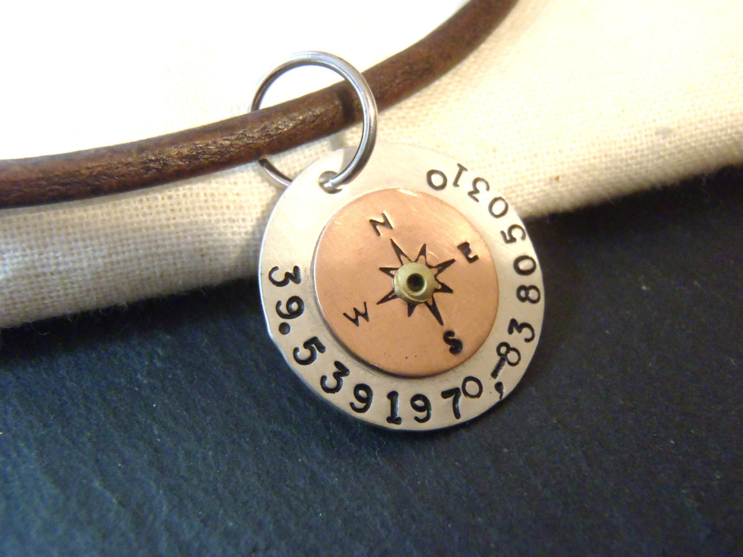 Personalized compass leather necklace with Latitude longitude custom coordinates - Drake Designs Jewelry