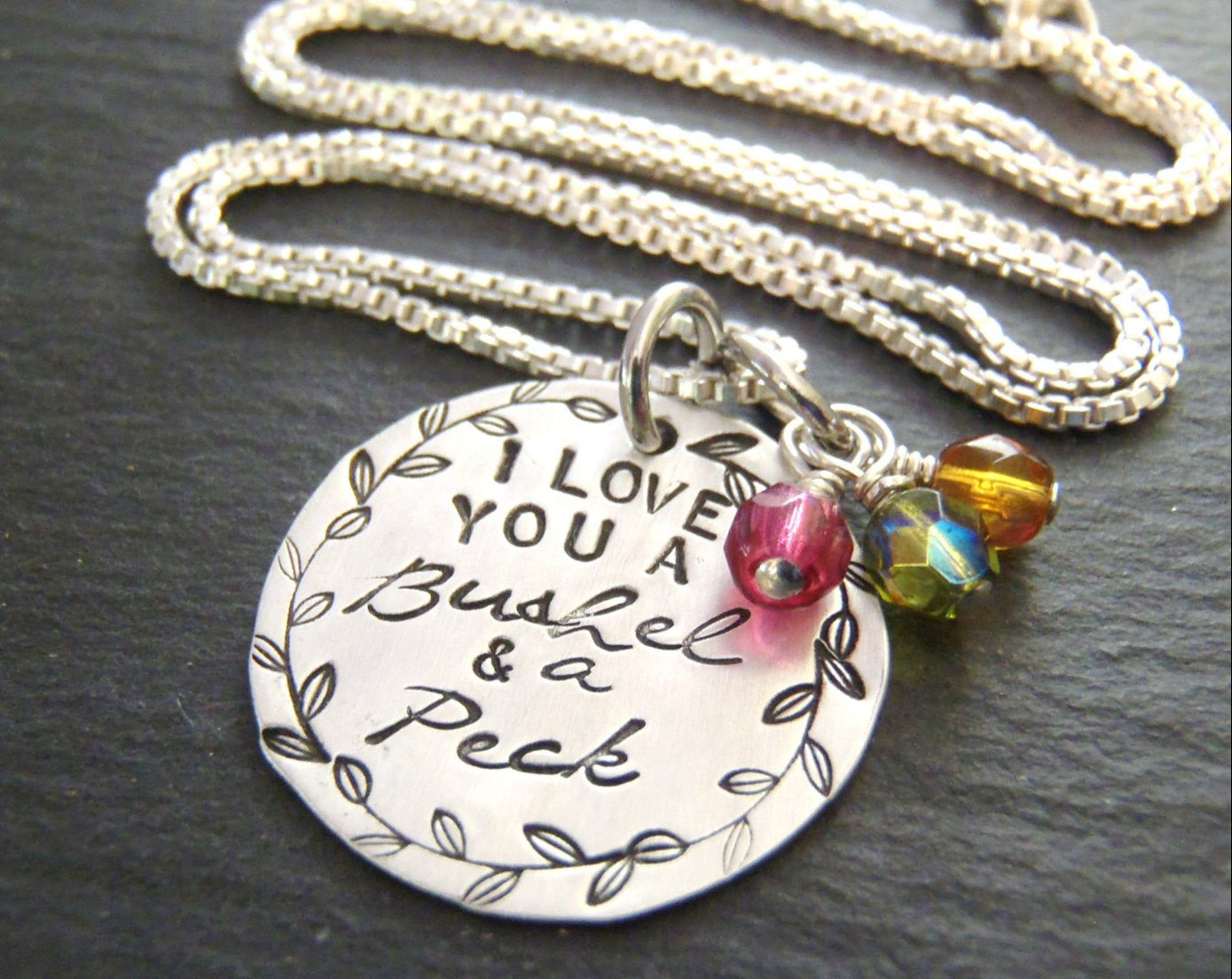Sterling silver personalized mothers necklace I love you a bushel and a peck necklace mom birthstone necklace - Drake Designs Jewelry