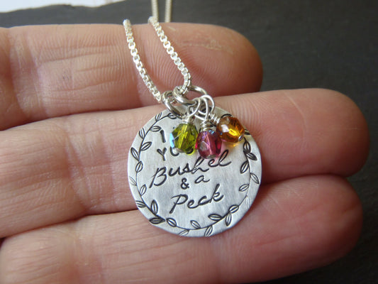 Sterling silver personalized mothers necklace I love you a bushel and a peck necklace mom birthstone necklace - Drake Designs Jewelry