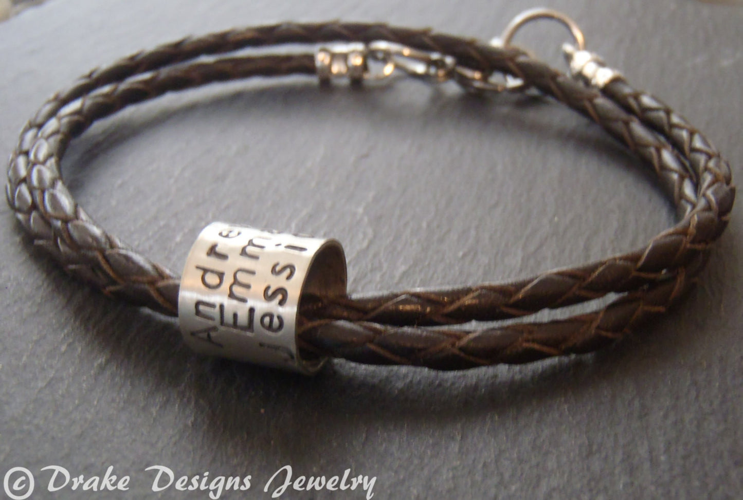 Men's braided leather bracelet for men or women with coordinates, names or custom message - Drake Designs Jewelry