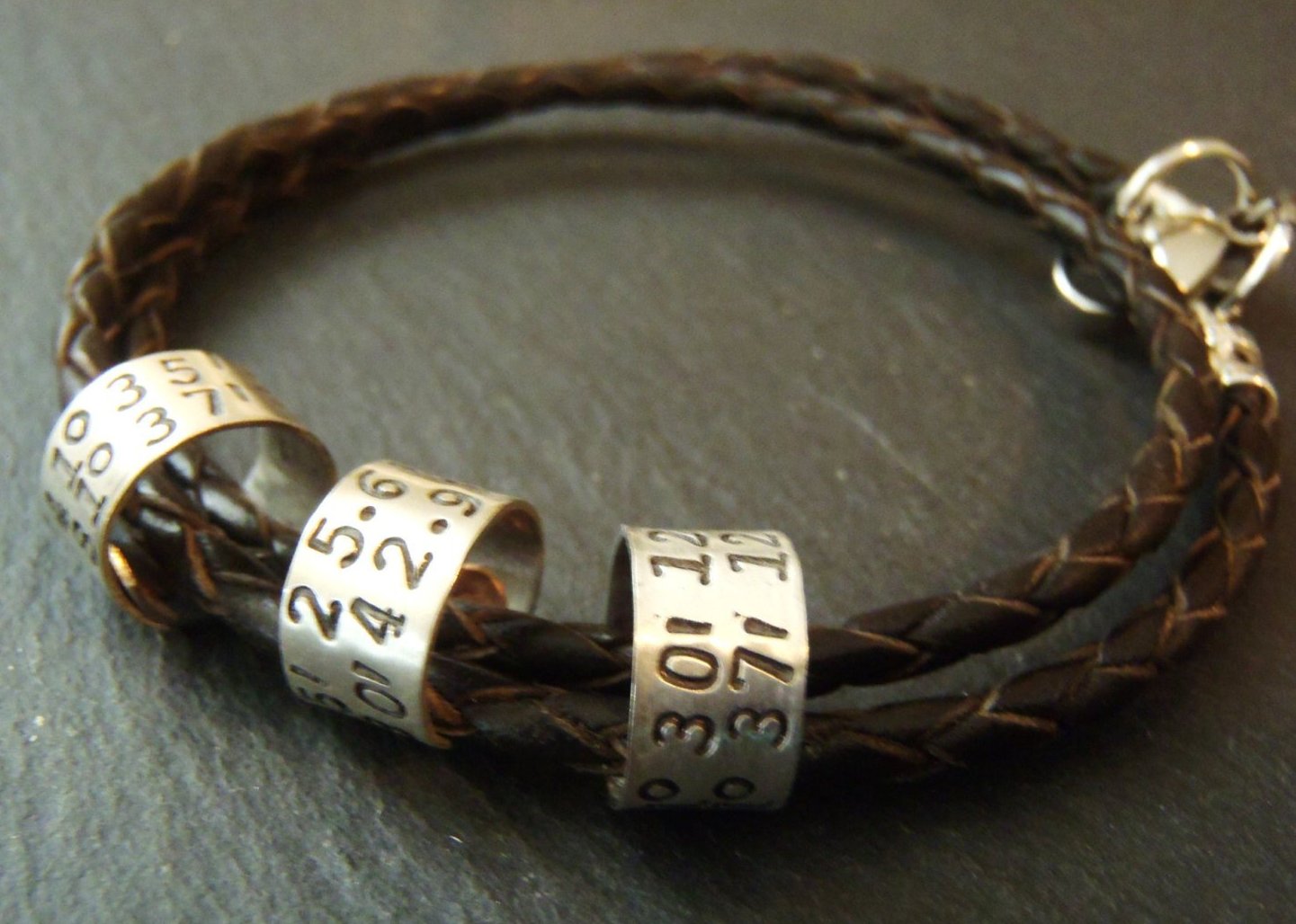 Latitude longitude leather bracelet for men or women personalized with custom coordinates - Drake Designs Jewelry