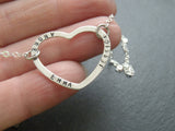 mother's necklace with children's names hand stamped on a sterling silver open heart - Drake Designs Jewelry