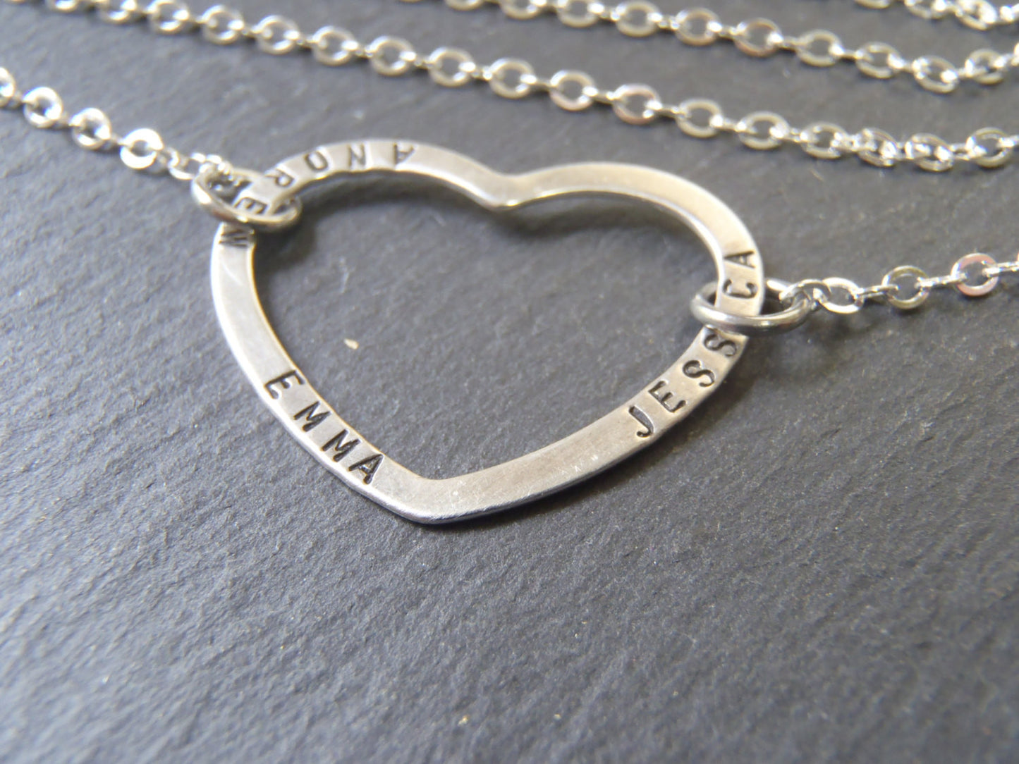 mother's necklace with children's names hand stamped on a sterling silver open heart - Drake Designs Jewelry